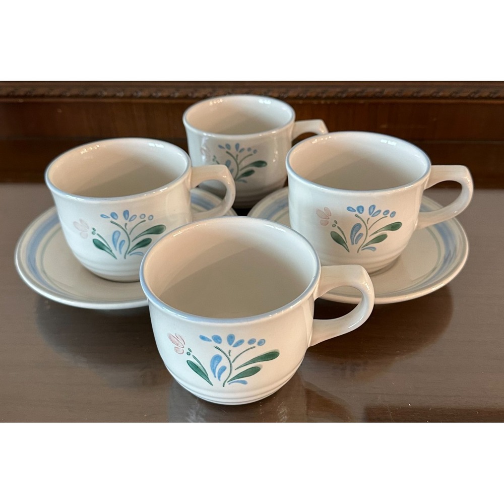 4 Fascino Stoneware‎ Floral Cottage Cups & 2 Saucer Plates Japan